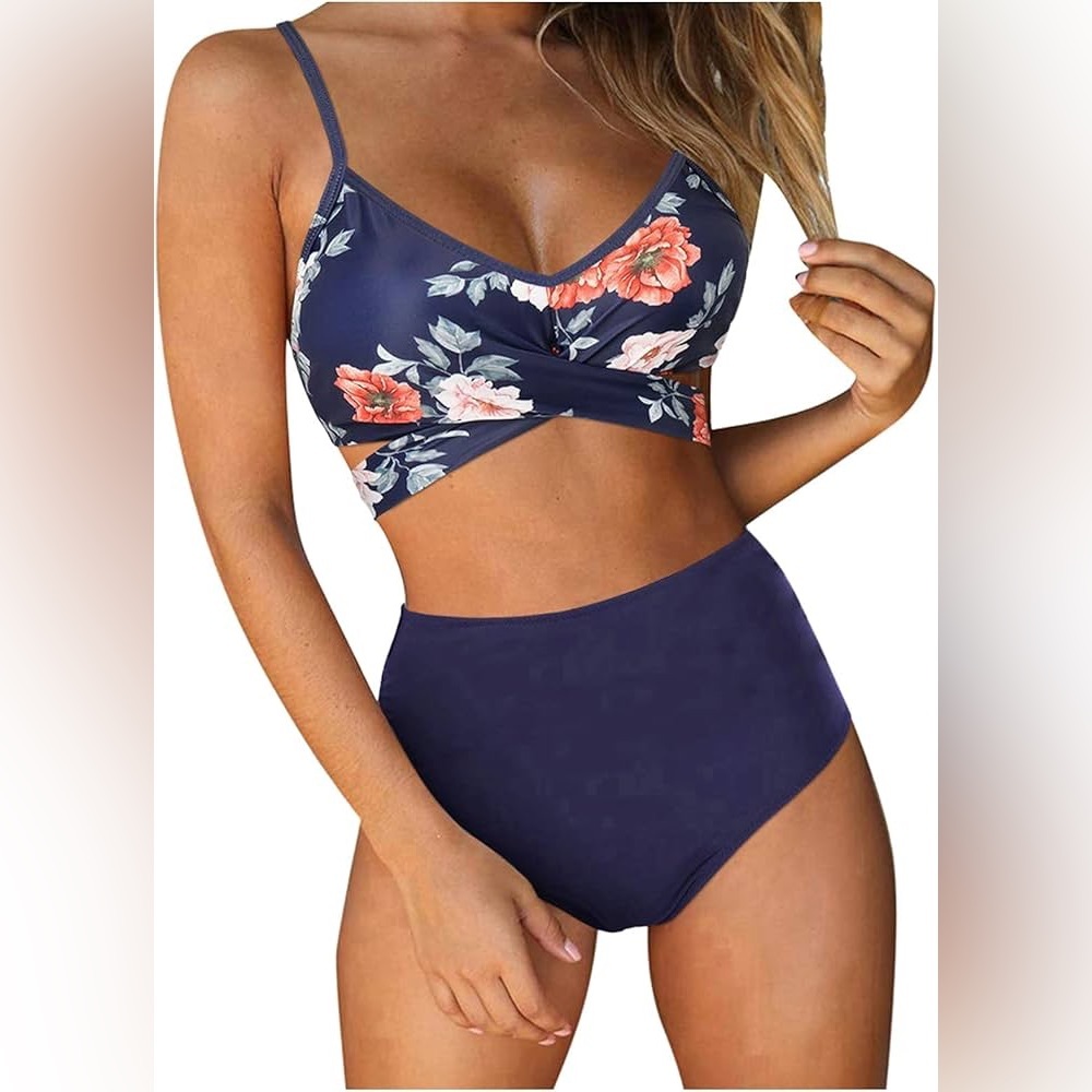 Hualiya Floral Navy High-Waisted Bikini Set Navy Sz L NWOT